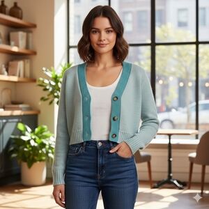 La Ligne Women's Quiey Luxury Blue Wool & Cashmere Cropped Cardigan Size S